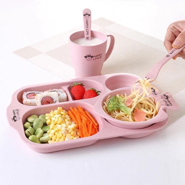 Bộ Khay ăn dặm lúa mạch hình cá, Bát ăn dặm lúa mạch 6 món,  Dĩa Chén tập ăn cho bé  ( Khay, Ly, Bát, Thìa, Nĩa, Đũa )