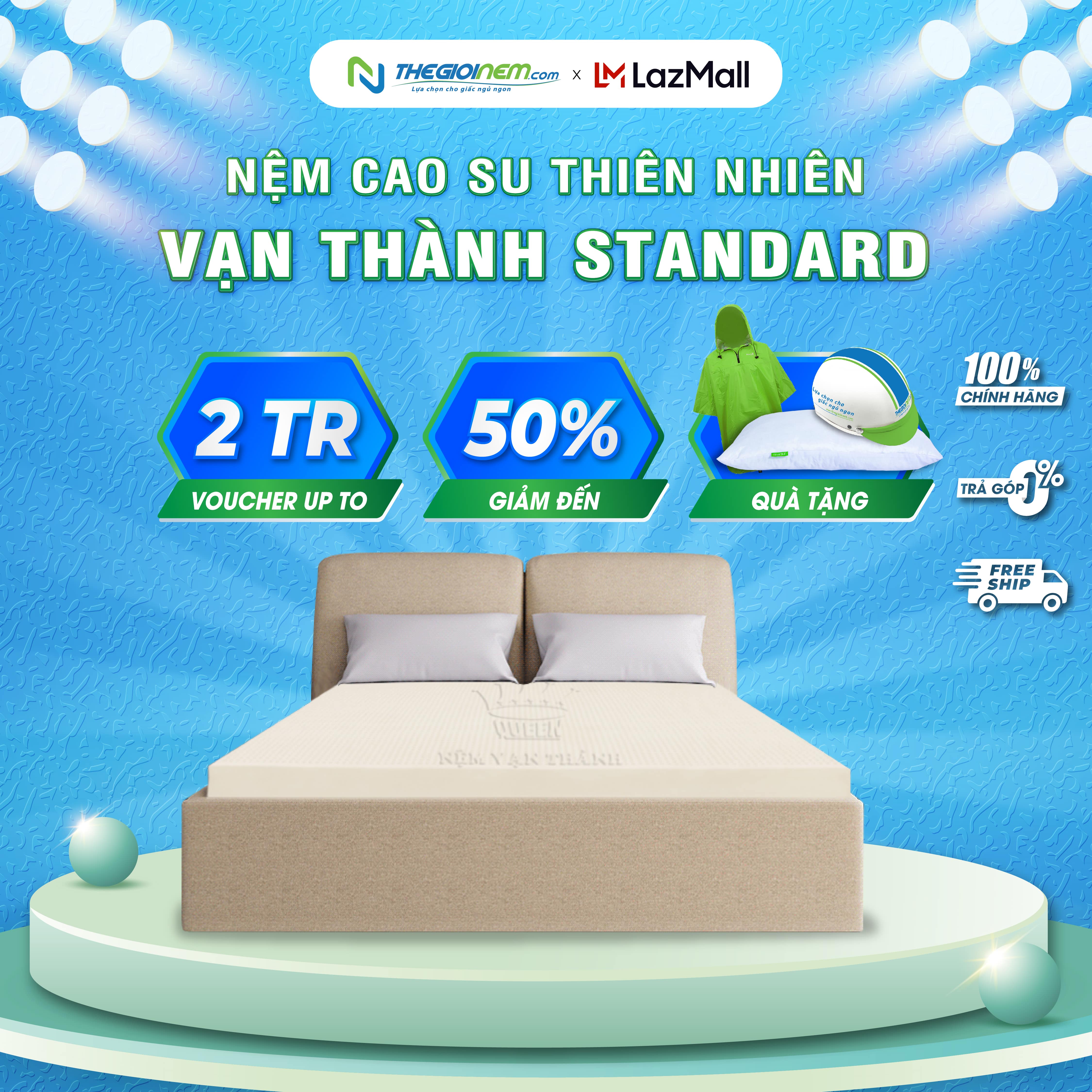 [Trả góp 0%] Bộ 1 nệm 100%  cao su  thiên nhiên Vạn Thành Standard 160 x 200 x 10cm và 2 gối cao su Vạn Thành  + 1 Gối ôm cao su Vạn Thành 18.5x100cm