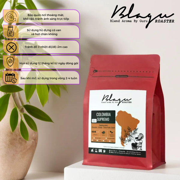 Cà Phê Blagu Hạt Đã Rang, Colombia Supremo - 100% Arabica - Typica - Medium Roast - 250g