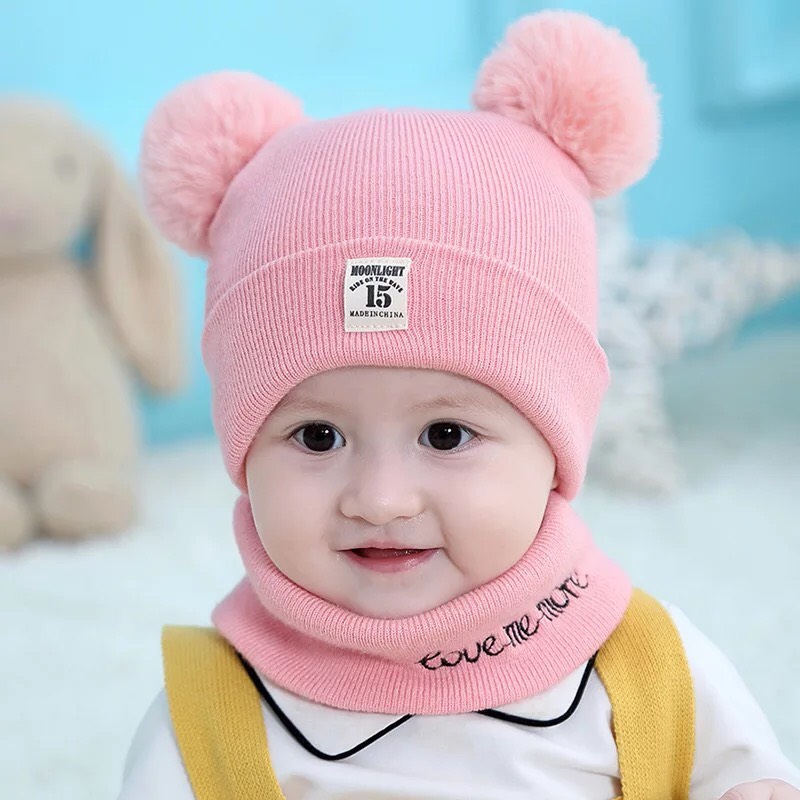 Mũ len kèm khăn 2 quả bông cho bé
