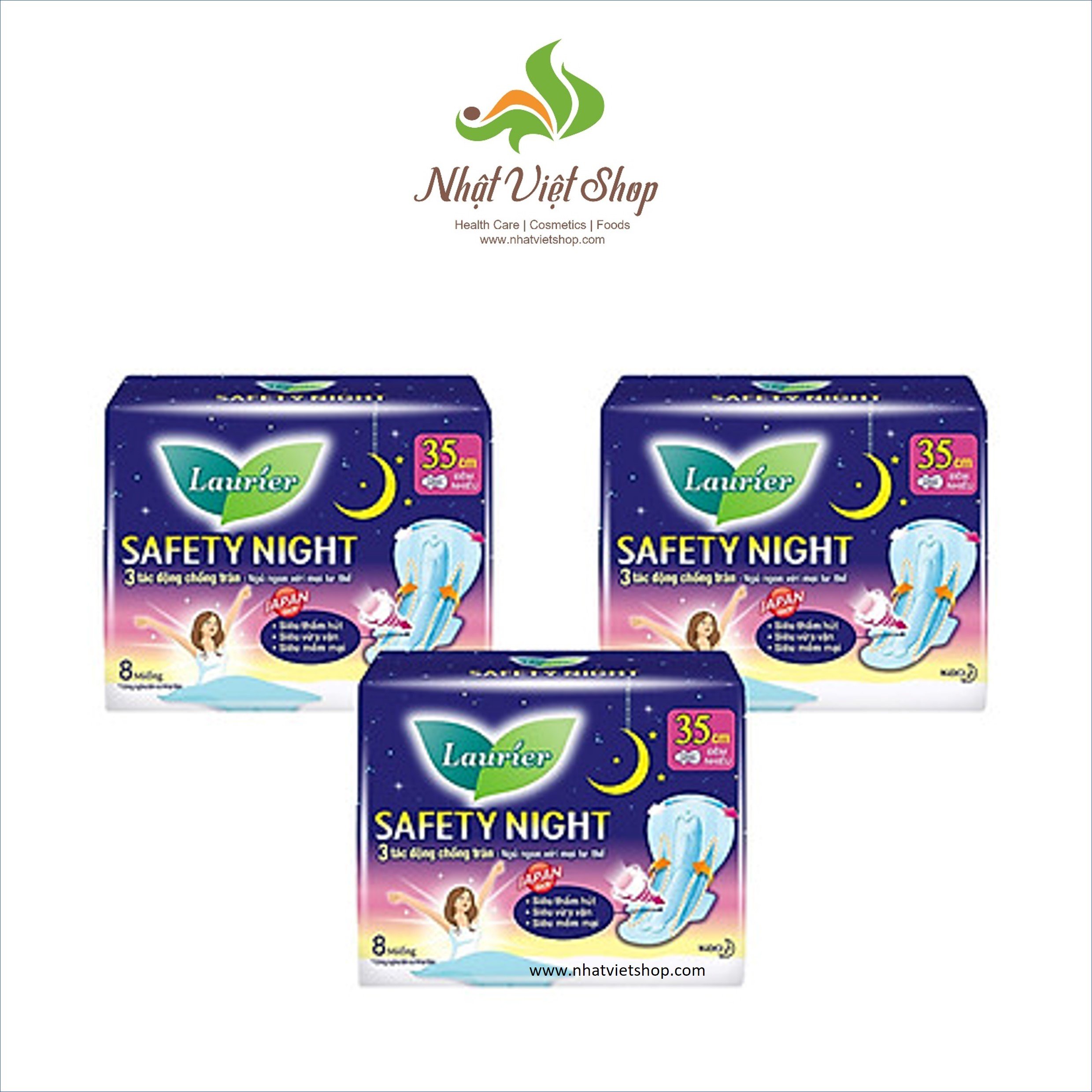Combo 3 gói Băng Vệ Sinh Ban Đêm Laurier Safety Night chống tràn [35cm-8M]