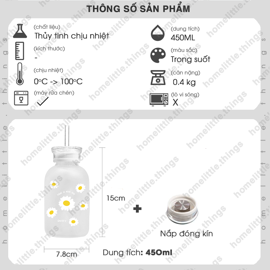 Bình, ly thủy tinh đựng nước in hình cúc họa mi