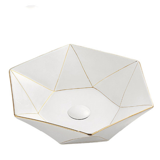 Chậu sứ lavabo để bàn hình lục giác màu trắng trơn hoặc màu trắng viền vàng  tuyệt mỹ