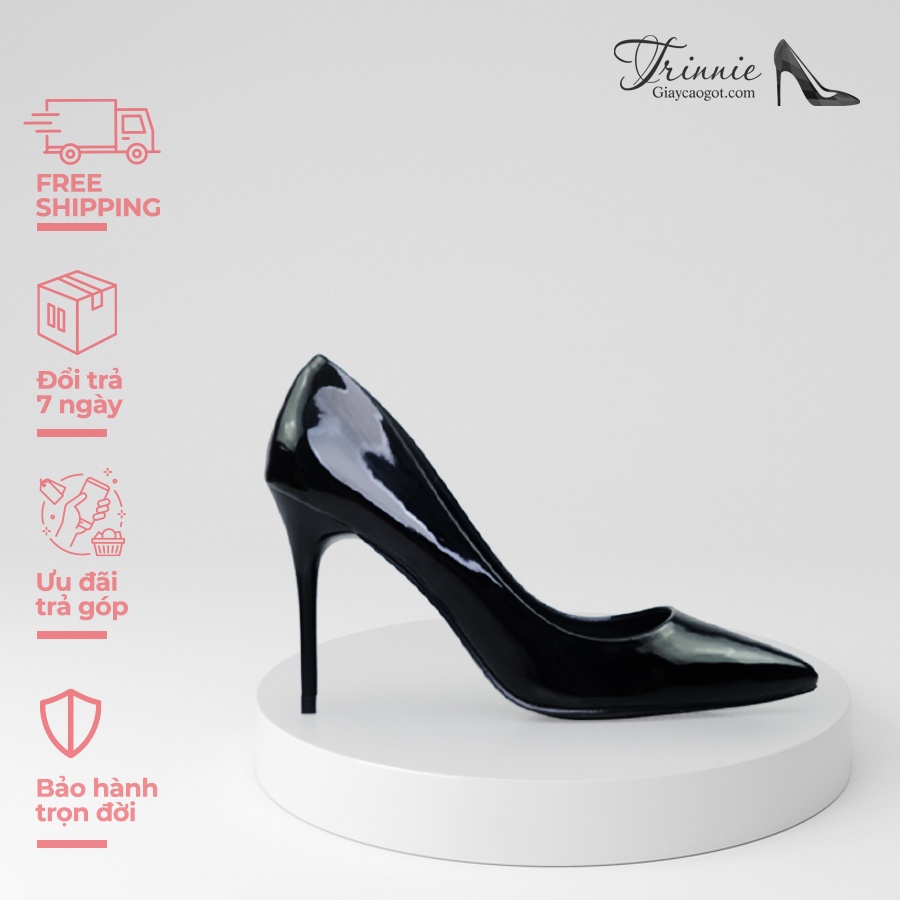 Giày cao gót 09cm Trinnie Pump da PU cao cấp Đen bóng gót nhọn metallic gót đũa " Gót sắt" PGN-PU09DB