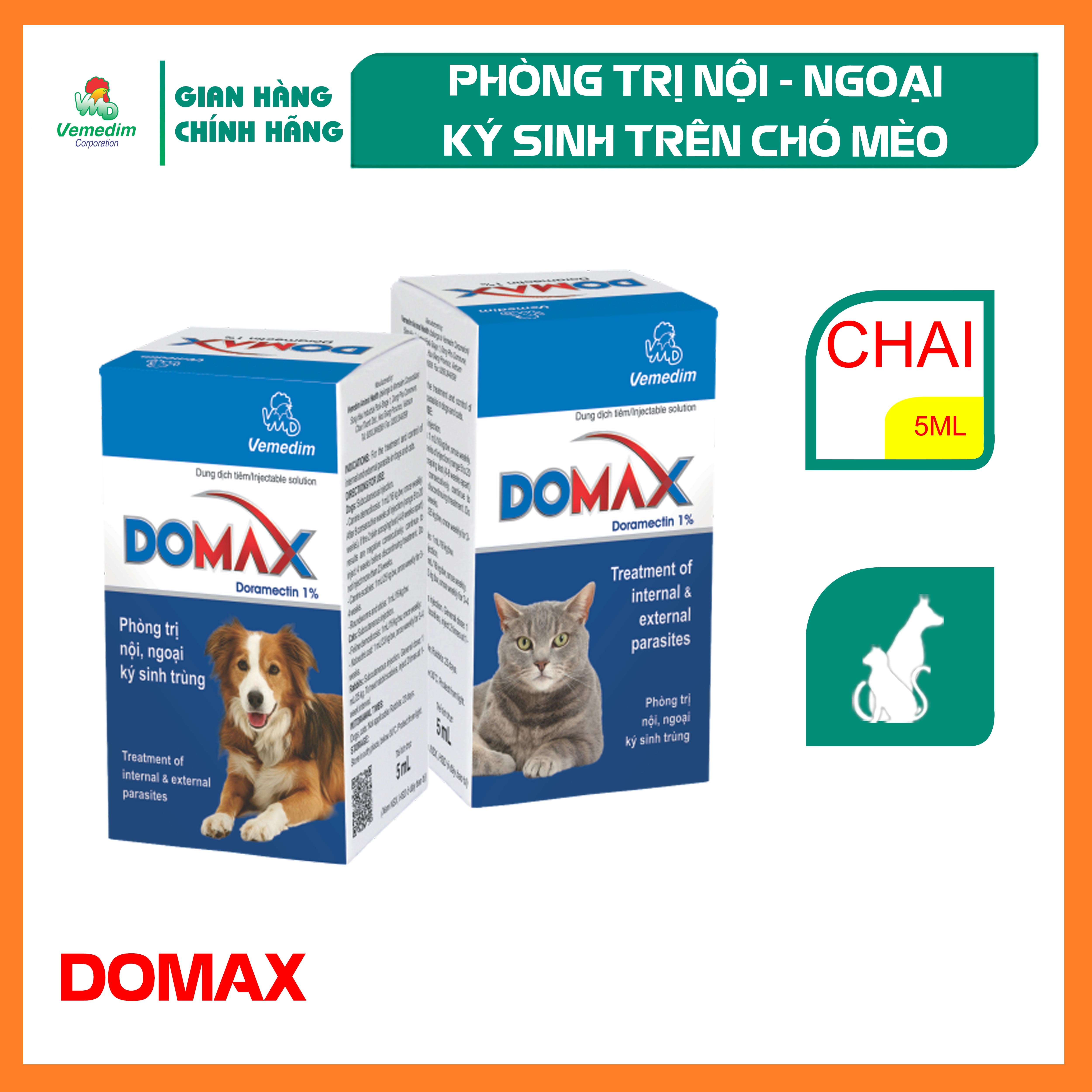 "Hoàn tiền đến 10%" Vemedim Domax tiêm chữa nội ký sinh trùng như giun, ngoại ký sinh trùng như rận, cái ghẻ, ve cho chó, mèo, chai 5ml