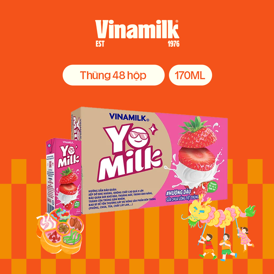 Thùng 48 hộp sữa chua uống hương dâu Yomilk - hộp giấy x 170ml