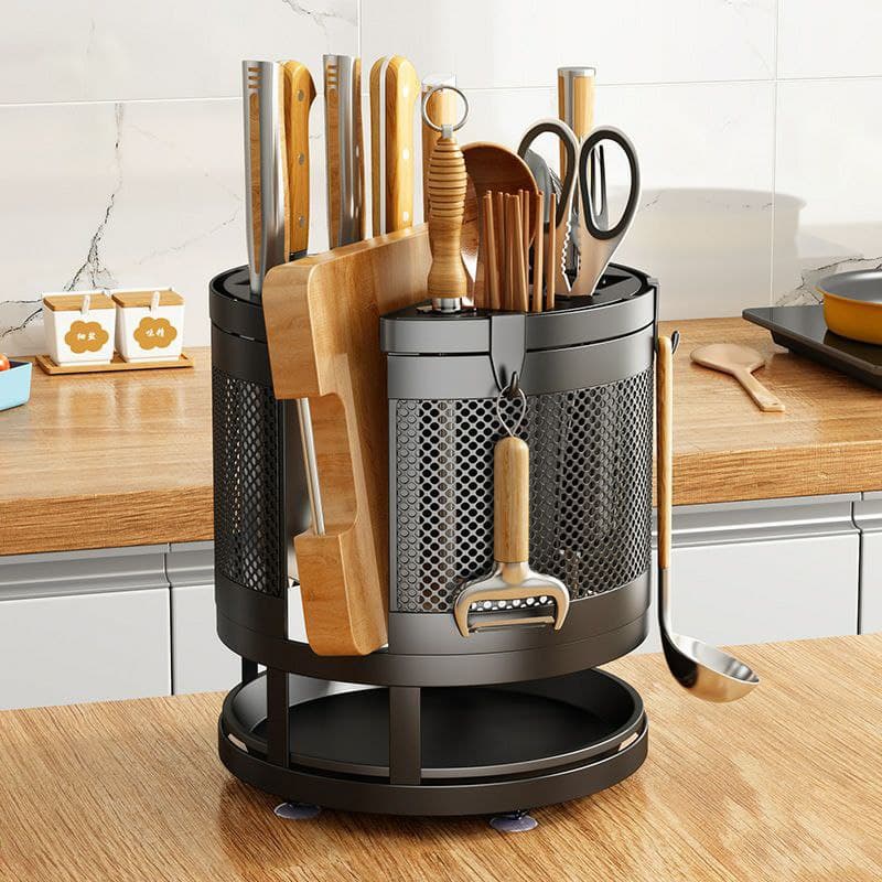 Kệ để dao thớt tròn Giá đựng đồ dùng nhà bếp đa năng xoay 360 độ chất liệu thép không gỉ, giá để đồ dùng thông minh