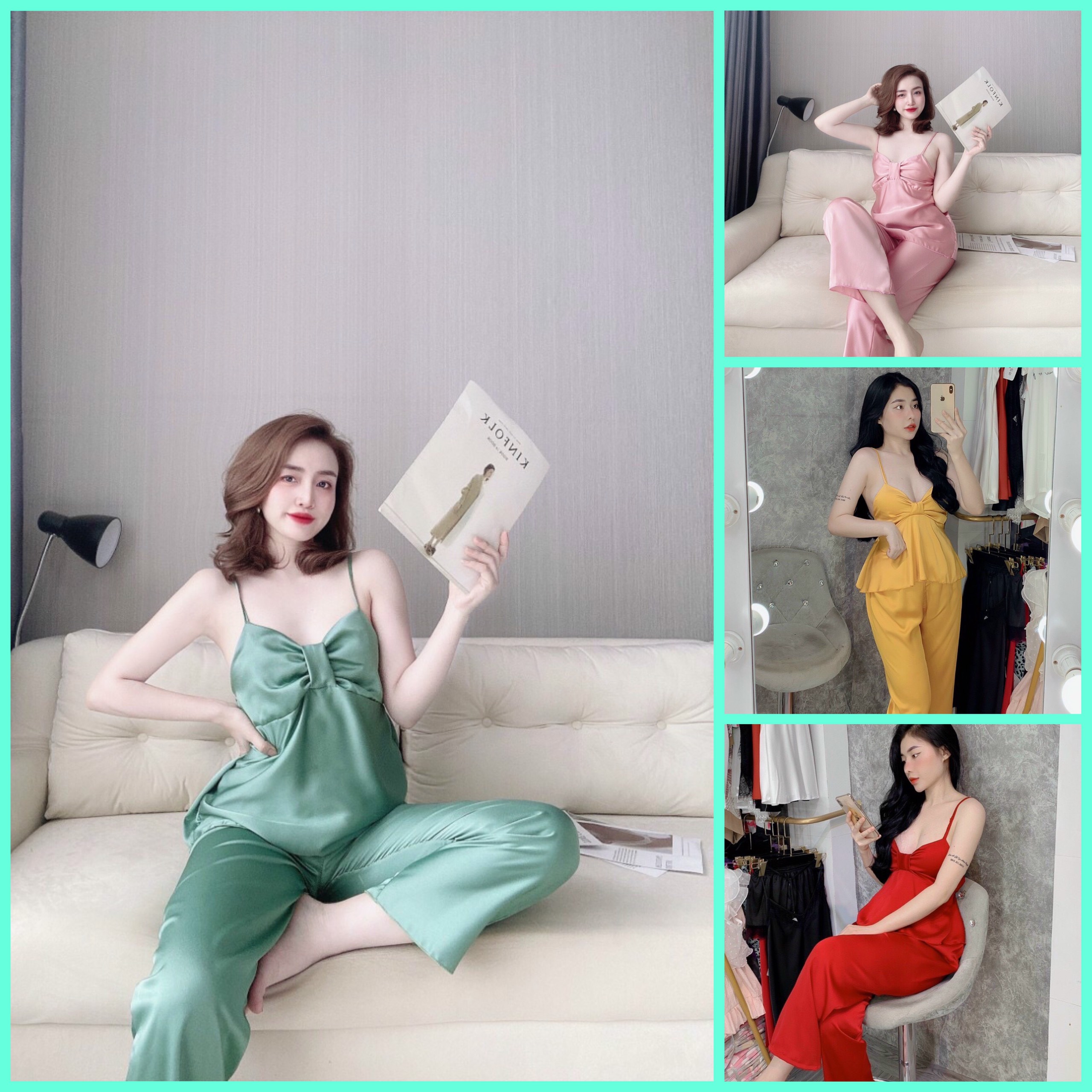 Đồ ngủ lụa nơ satin quần dài dễ thương cao cấp
