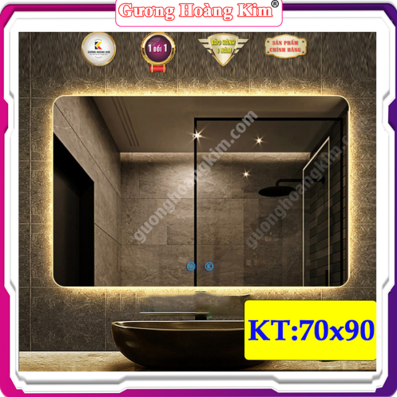 Gương soi hình chữ nhật treo tường trang điểm phòng tắm giá rẻ gương có đèn led cảm ứng thông minh gương dày 4mm gương phòng tắm hoàng kim tính năng cảm ứng 3 chạm + 3 mầu led kích thước 70x90 cm guonghoangkim mirror HK-3112