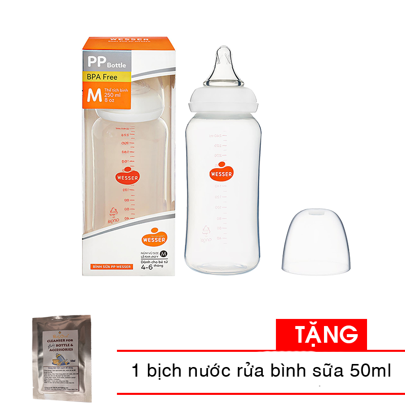 Bình sữa Wesser cổ nhỏ nhựa PP 60ml / 140ml / 250ml (phiên bản mới) TẶNG 1 bịch nước rửa bình sữa 50ml