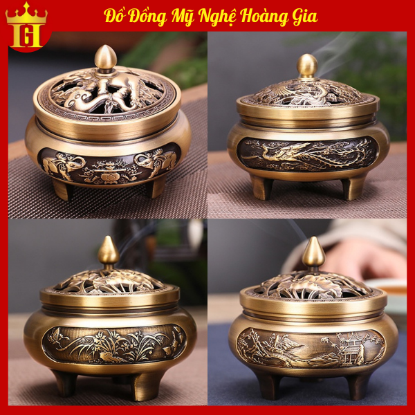 Lư xông trầm đồng chạm hoa văn tinh xảo