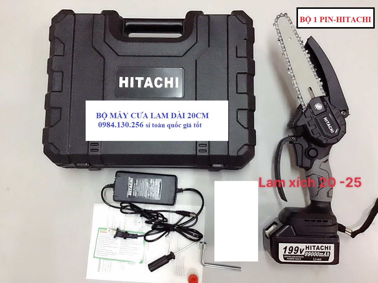 Máy Cưa Xích dùng chân pin hitachi, Máy Cưa Xích chạy pin lam dài 6icnh