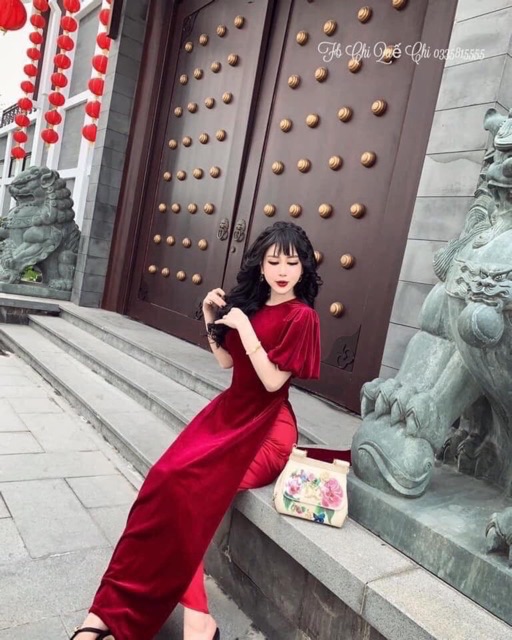 Sét áo dài nhung đỏ + quần