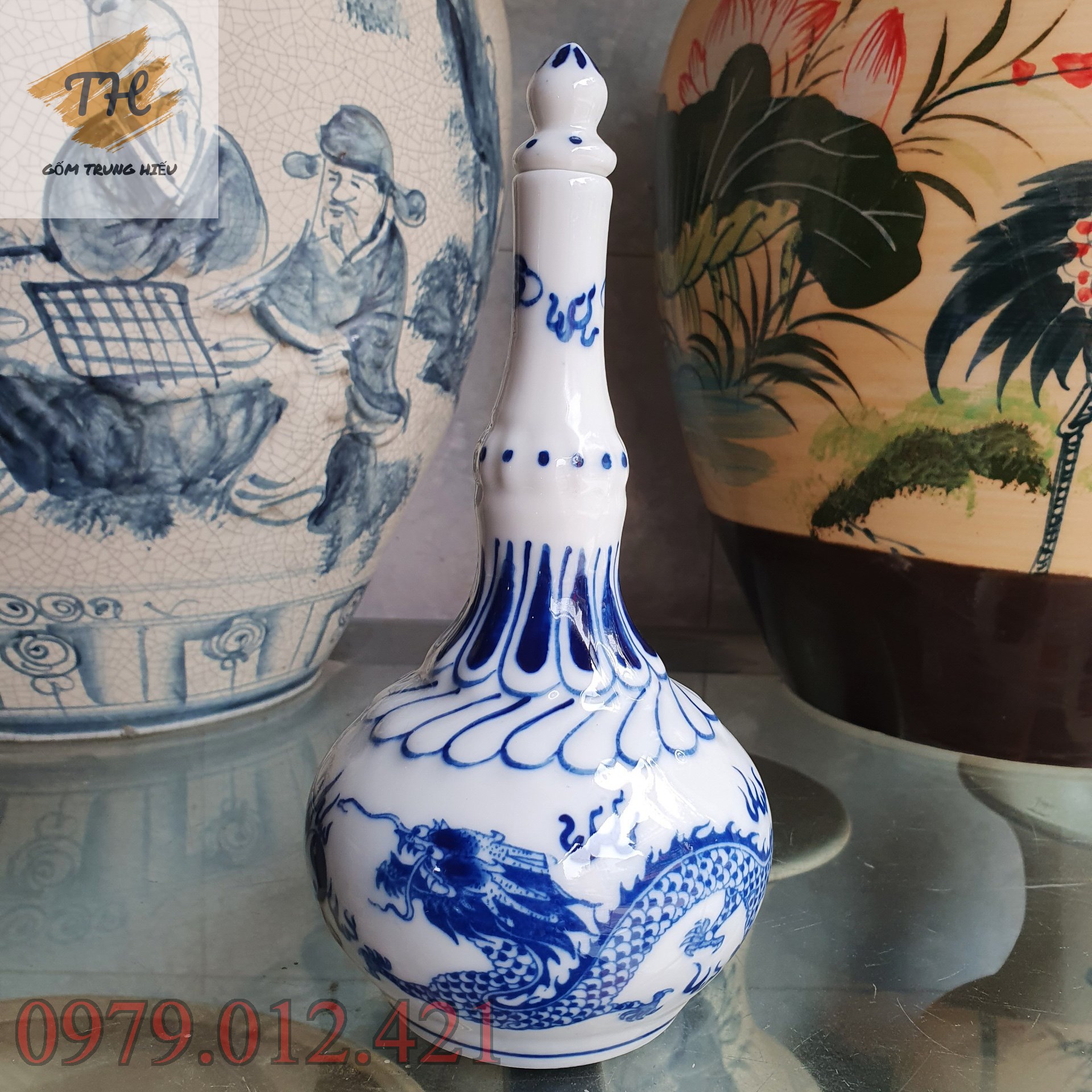 Nậm thờ men lam Bát Tràng Rồng Phượng