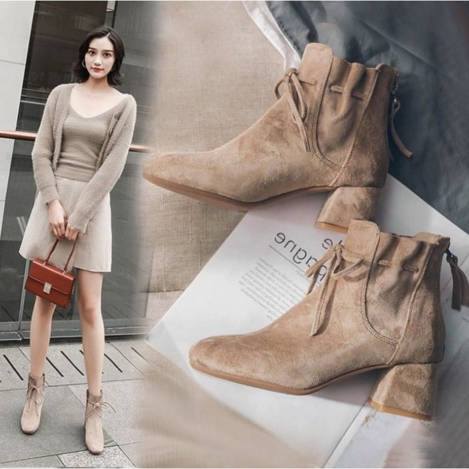 Boot Nữ Cao Gót 5P Gót Vuông Mũi Vuông Da Lộn