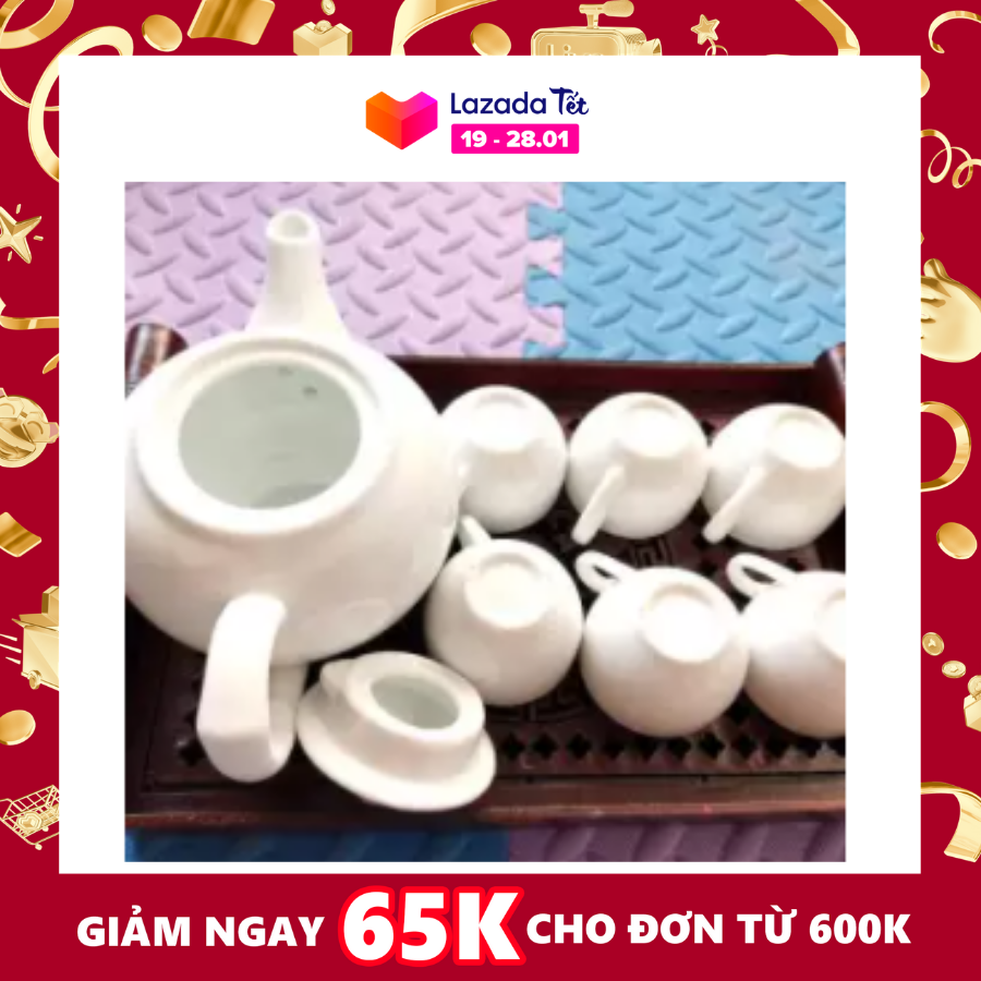 Ấm chén siêu trắng Bát Tràng, loại to 550ml, chén quai (không khay)
