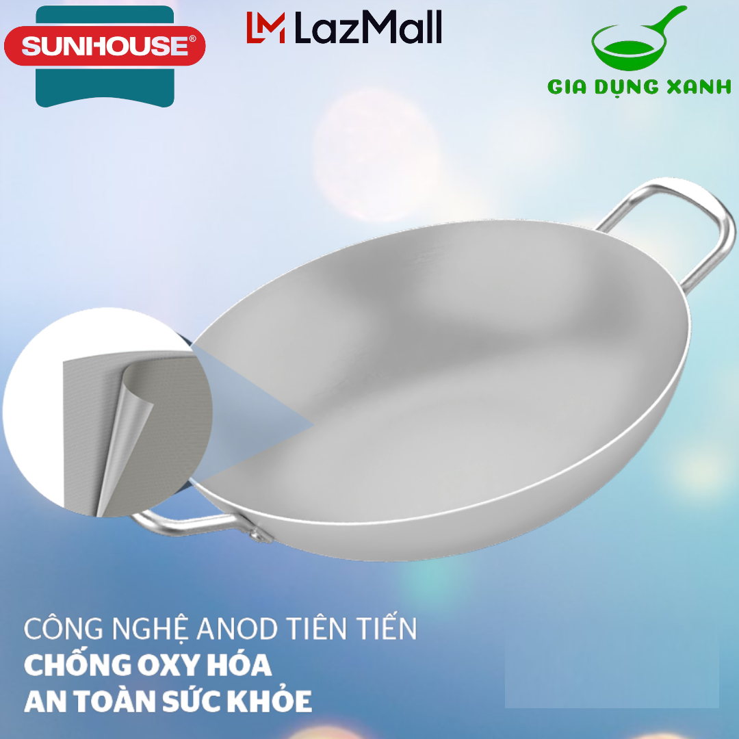 Chảo bầu nhôm anod sunhouse size 20-34cm không dùng với bếp từ