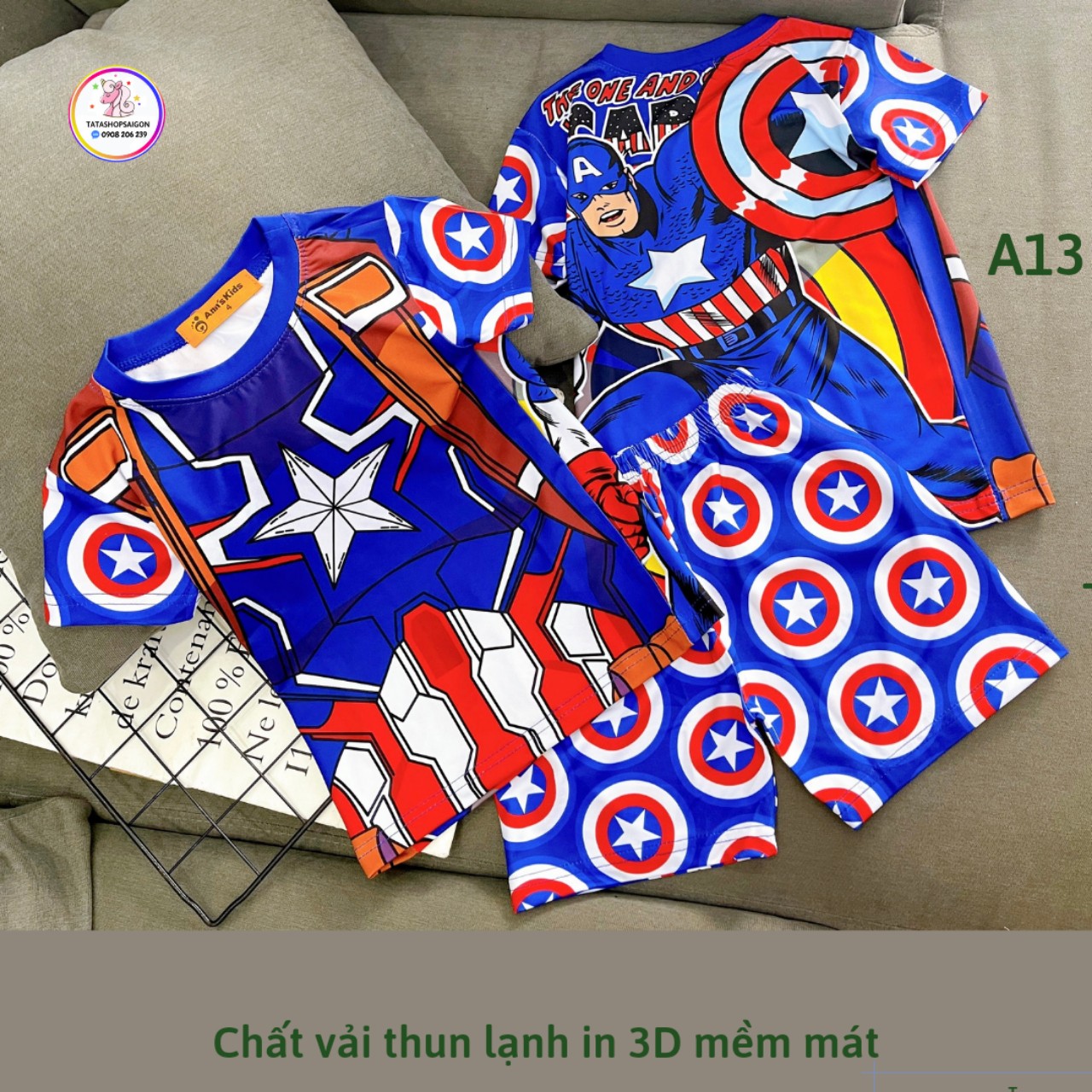 22 40kg Đồ bộ cộc tay cho bé trai size đại thun lạnh in 3D mềm mát A13