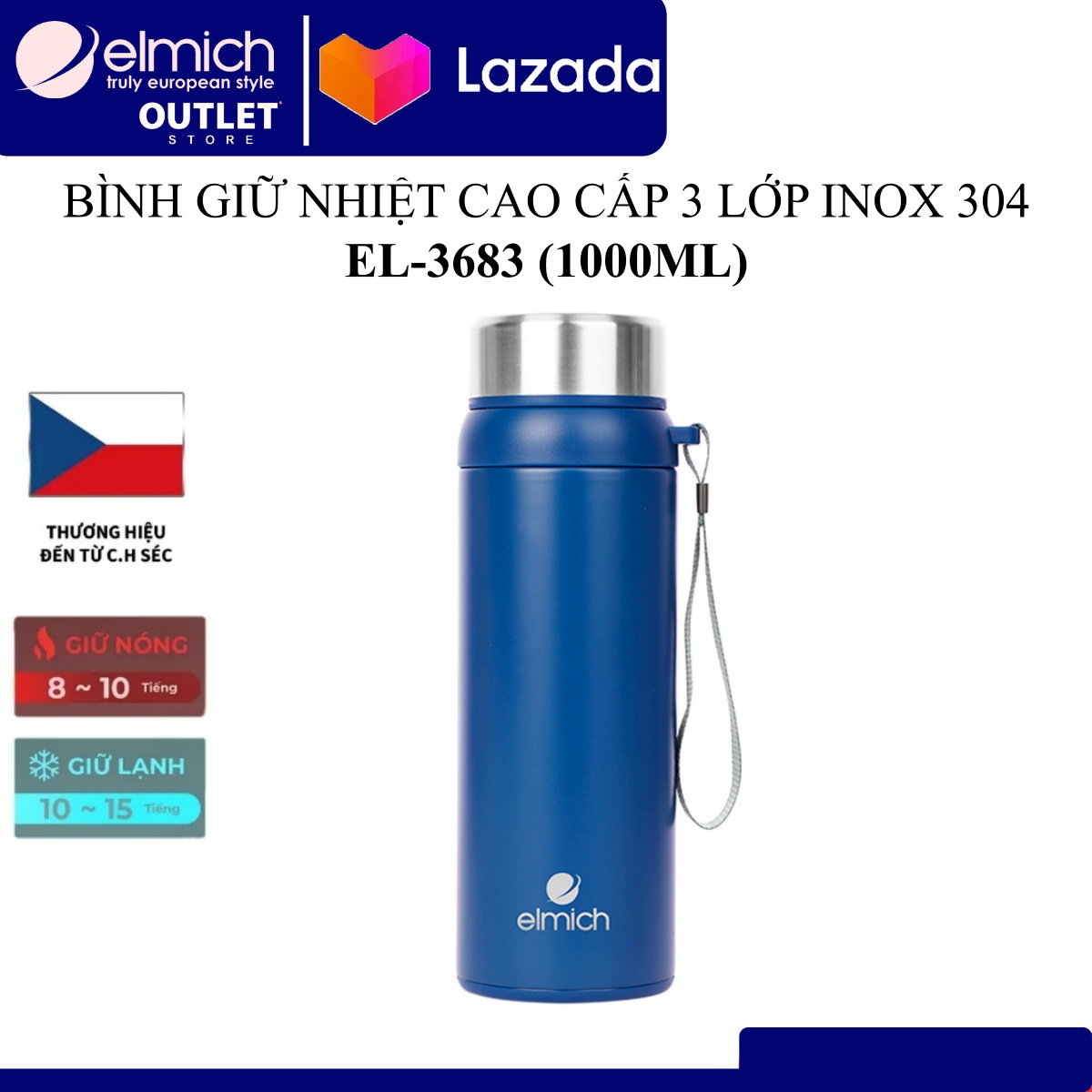 Bình giữ nhiệt Inox 304 Elmich EL-3683 (Dung tích 1000ml, Mầu Xanh, Giữ nóng 8 tiếng lạnh 12 tiếng)