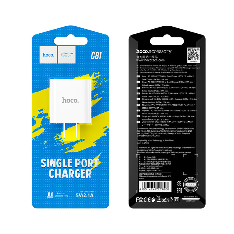 Củ sạc Hoco C81 cổng USB 2.1A, cóc sạc dùng cho iPhone, iPad, Android - Chính hãng