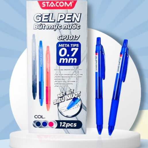 Bút bi mực gel dạng đầu bấm stacom ngòi 0.7mm - mực xanh - thân xanh - gp1017