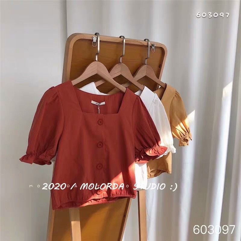 Áo voan from croptop ngắn tay cổ vuông phối nút trước tiểu thư ttsa1068a