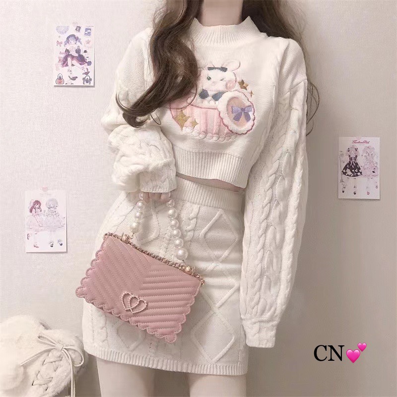 Set len thỏ vặn thừng áo croptop + chân váy QCCC