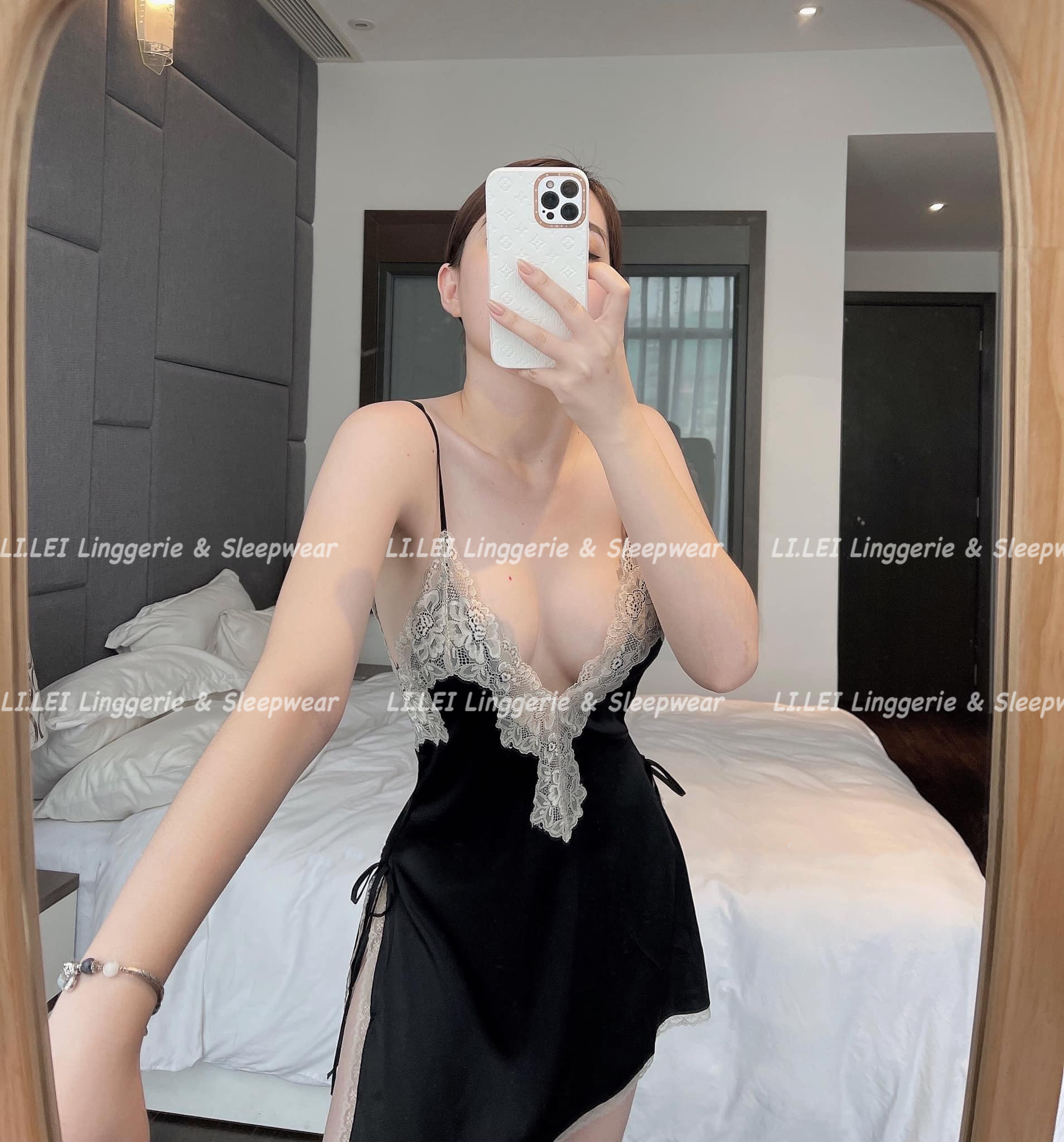 Váy ngủ sexy viền hoa ren ngực, váy ngủ lụa mặc nhà gợi cảm #HT64