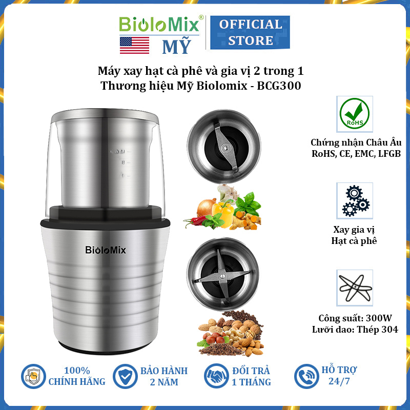 Máy xay hạt cà phê và gia vị 2 trong 1 thương hiệu Biolomix BCG300 - HÀNG NHẬP KHẨU (Bảo hành 24 tháng)