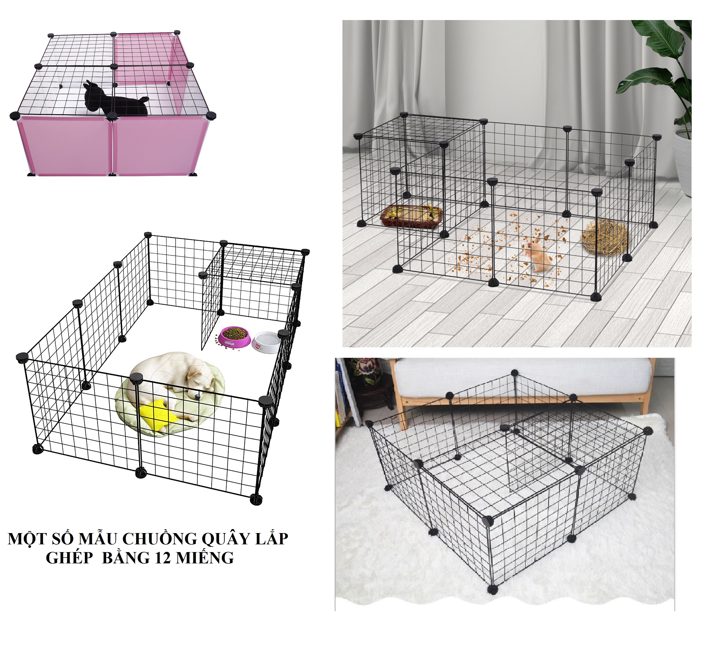 (HCM) Chuồng Quây Chó Mèo Lắp Ráp Đa Năng Bằng Lưới Sắt Sơn Tĩnh Điện Màu Đen Kích Thước Dài 105 Rộng 105 Cao 37cm