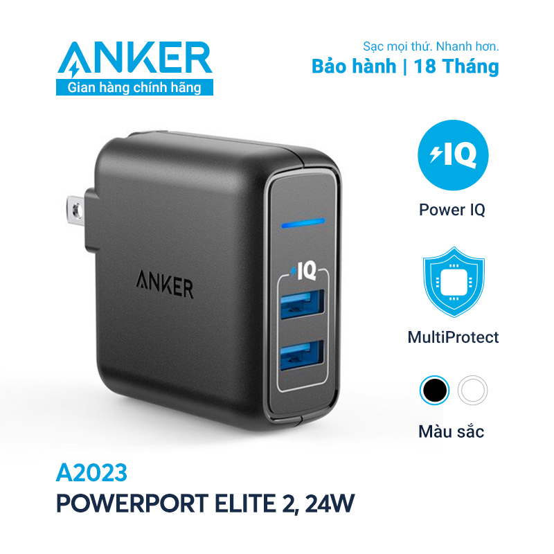 Sạc ANKER PowerPort Elite 2 cổng PowerIQ 24W - A2023 - Sạc tối ưu với công suất tối đa 12W mỗi cổng, trang bị công nghệ an toàn tiên tiến bảo vệ thiết bị và củ sạc
