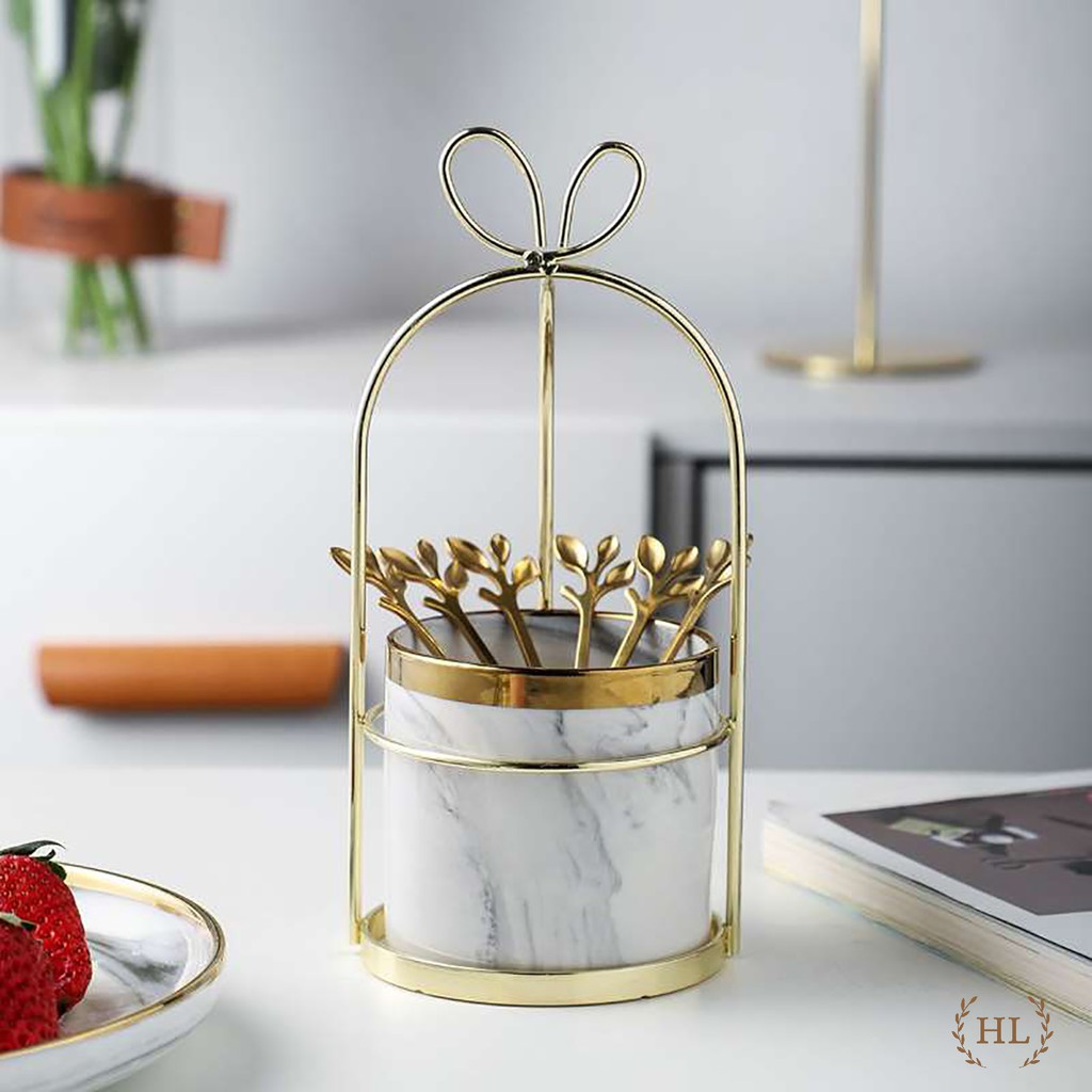 Giỏ sứ khung hợp kim mạ vàng | lẵng sứ vân đá | giỏ sứ vân đá