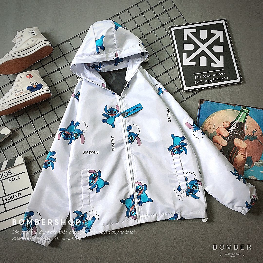 [Ảnh + video thật] Áo khoác dù họa tiết full 3D Cartoon Stitch