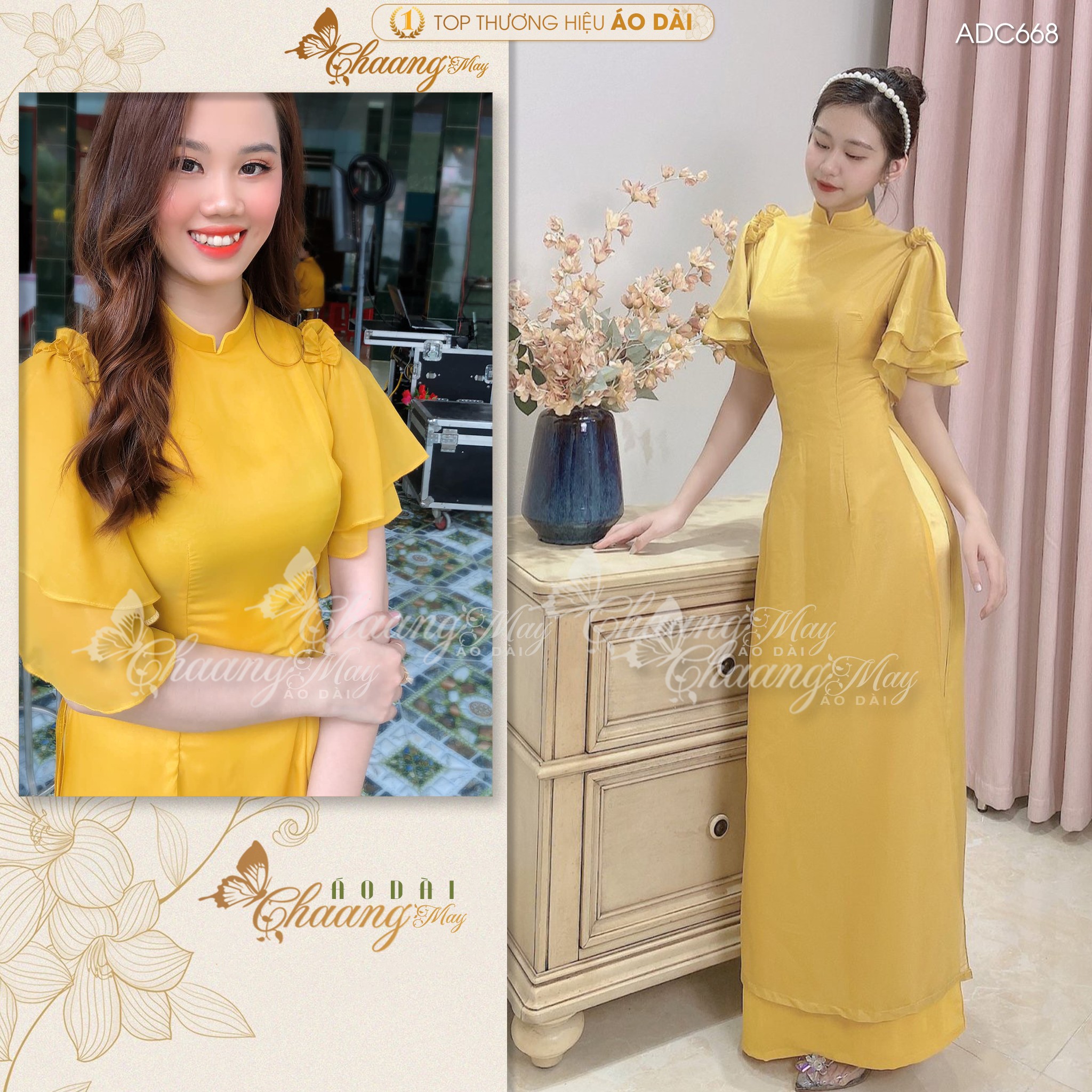 Áo dài cách tân tay cánh tiên, Chaang thiết kế áo 4 tà, vải tơ mềm óng mềm mại mát ADC668