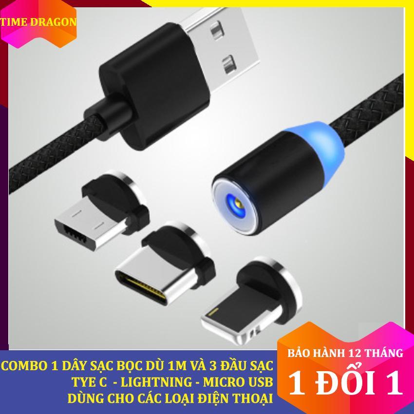 Cáp sạc nam châm 3 đầu Lightning, Micro USB, Type-C xoay tròn 360 độ kiểu đầu thẳng dành cho điện thoại Samsung, LG, Sony, OPPO, Xiaomi, cáp sạc, cáp sạc lightning, cáp sạc type c, cáp sạc nam châm, cáp sạc nhanh