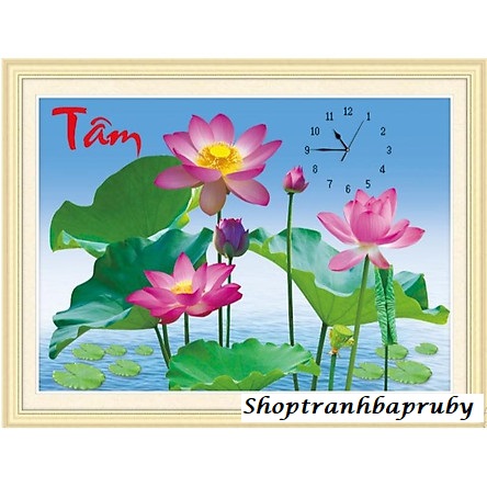 [HCM]Tranh thêu Chữ Tâm đồng hồ hoa sen LV3374 kích thước 75 x 47 cm
