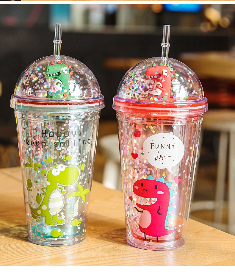 [HCM]Ly Pha Lê 2 Lớp Cách Nhiệt Hình Khủng Long Siêu Xinh - Bình Đựng Nước Trà Sữa Nhũ Kim Tuyến Tặng Kèm Ống Hút Loại Tốt Bảo Vệ Sức Khỏe