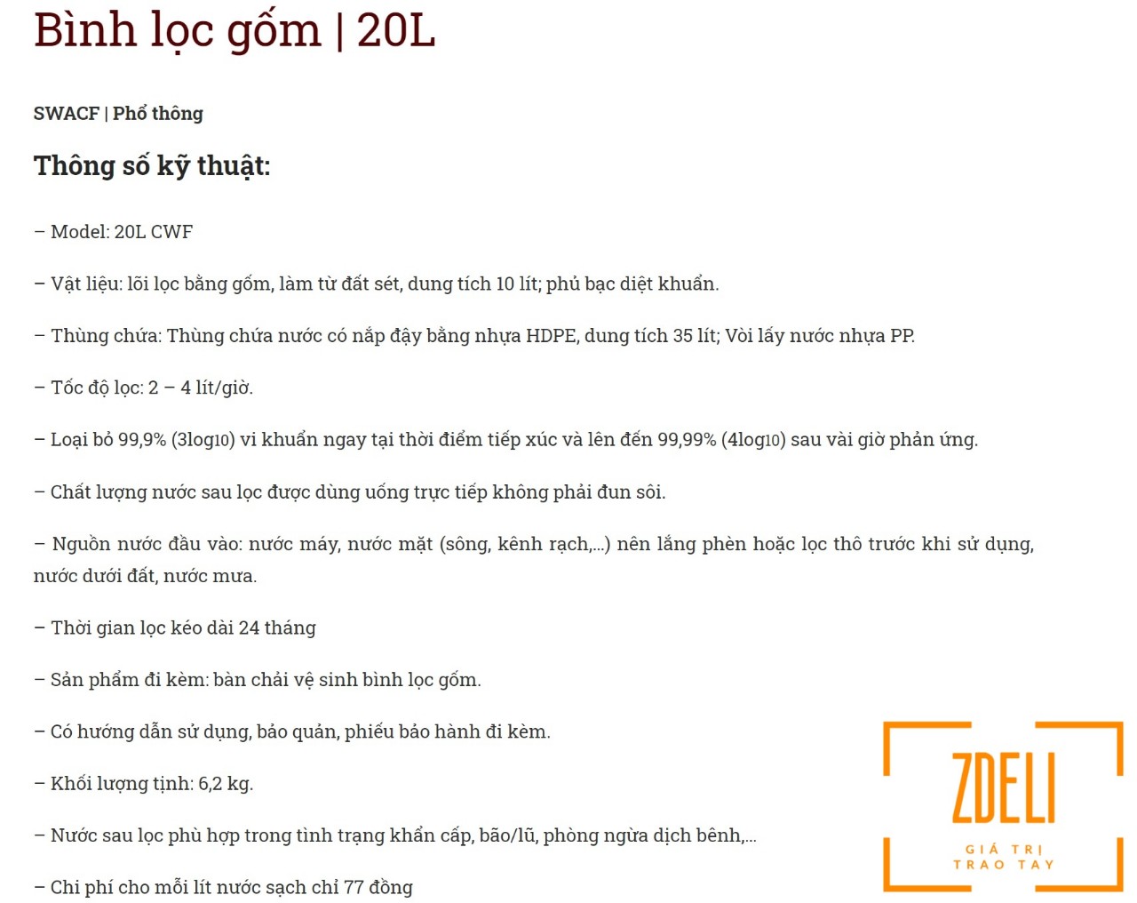 Bình lọc nước bằng gốm  SWACF
