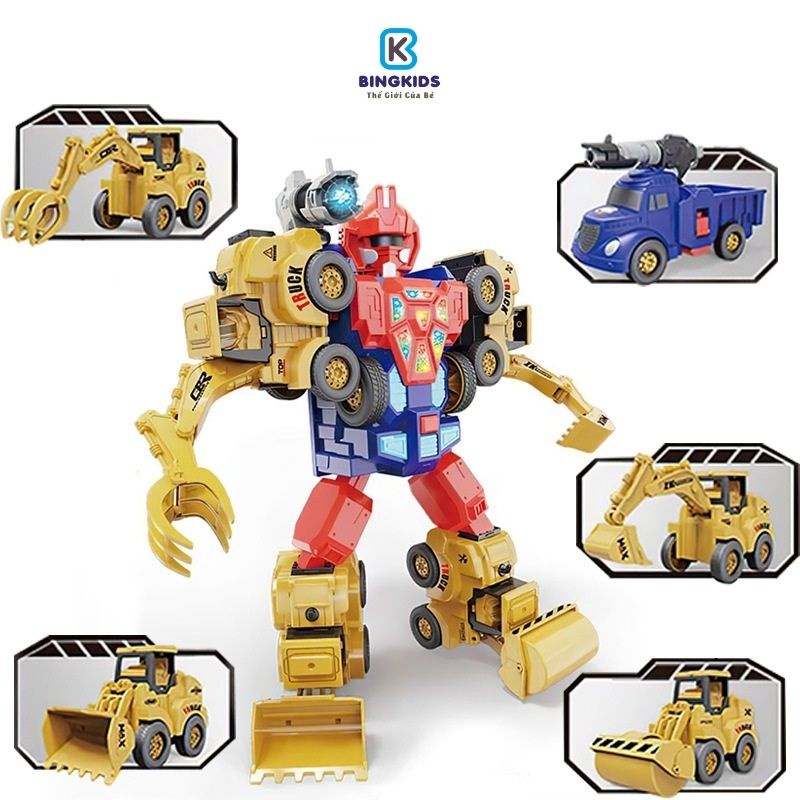 Đồ chơi lắp ghép Oto biến hình Robot, gồm 5 xe chạy bánh đà, robot có đèn và âm thanh