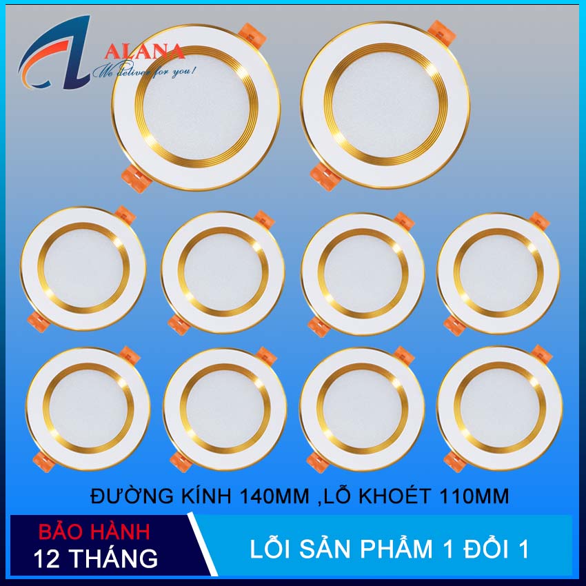 Bộ 10 đèn led âm trần, âm trần viền vàng 9w tròn 3 màu 3 chế độ