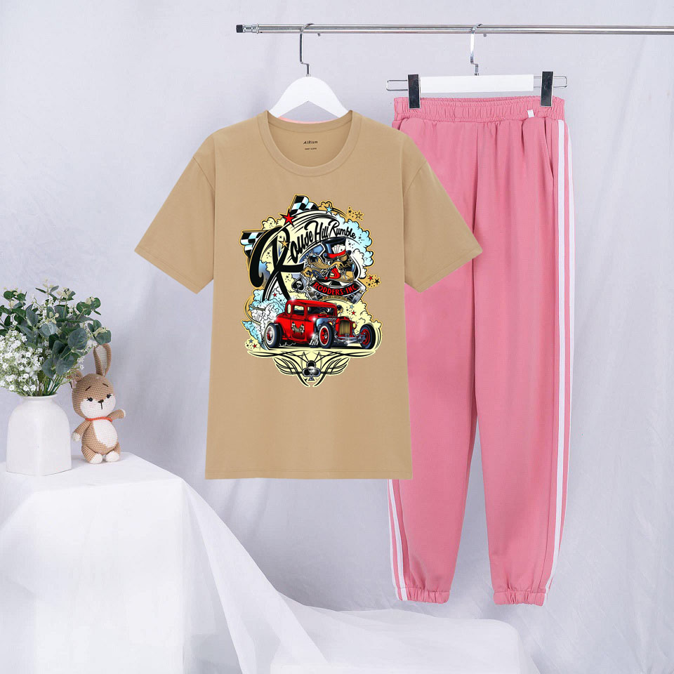 Sét Bộ Đồ Mùa Hè Ulzzang Nữ Xinh Cute Mặc Đi Chơi Dạo Phố, Chất Liệu Áo Cotton Organic Màu Da Ngắn Tay Cổ Tròn In 3D ROMe Kill Oto Cute Kèm Quần Thun Bo Chun Gấu Hai Rót Phong Cách