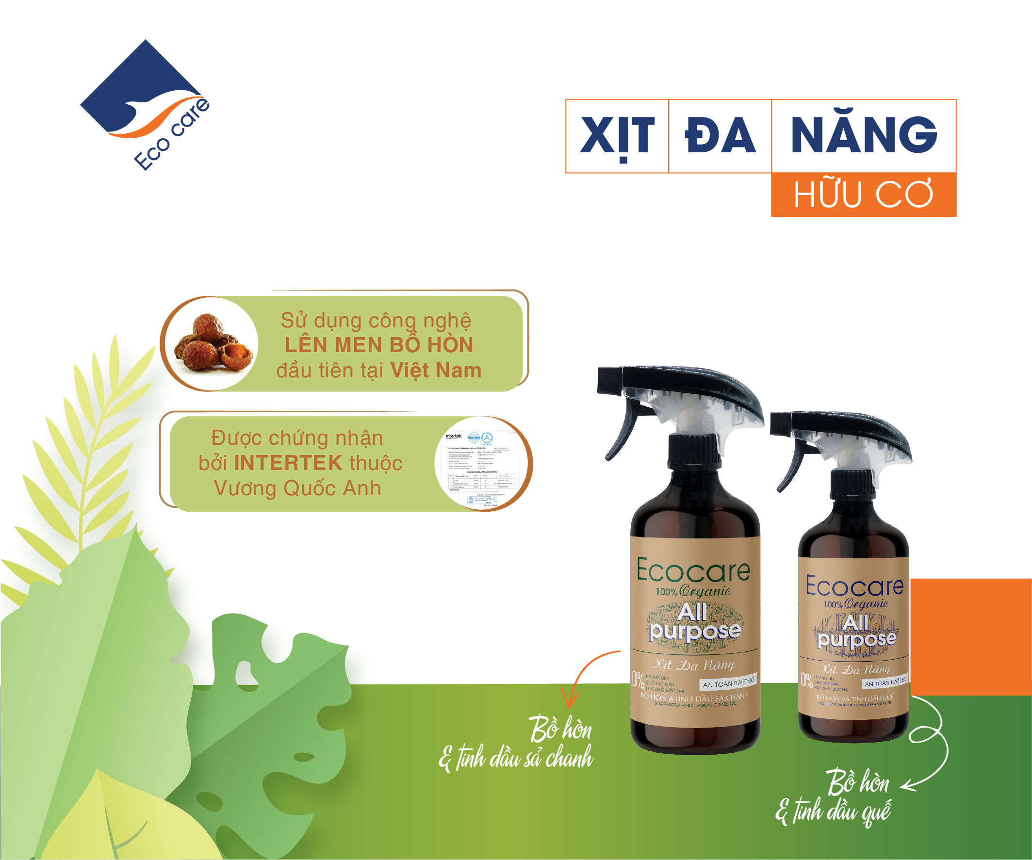 Xịt đa năng hữu cơ bồ hòn (Ecocare) | sả chanh, quế