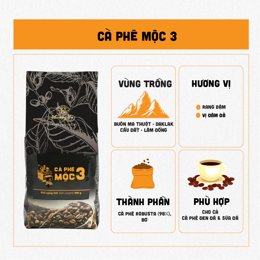 Cà Phê Rang Xay Mộc 3 - Cà phê nguyên chất - Cà phê hạt - Cà phê pha Phin