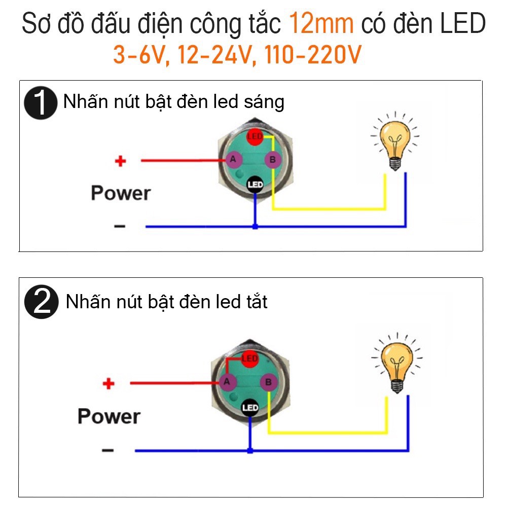 Công tắc Self-Lock và Nút nhấn tự Reset - 12mm (3V-24V) có đèn LED sáng