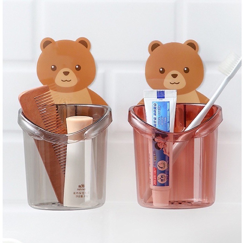Cốc nhựa HÌNH GẤU cắm bàn chải kem đánh răng dán tường, cốc đựng bàn chải
