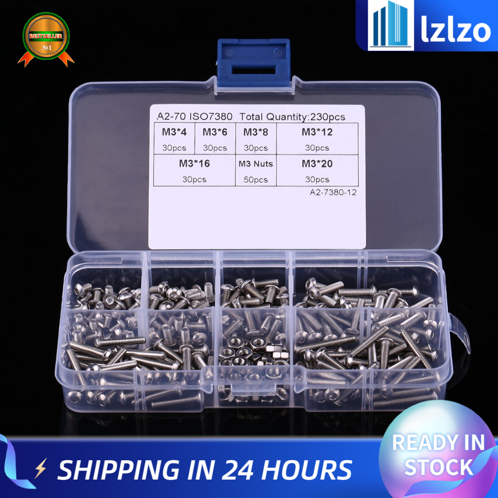 230pcs M3 Stainless Steel SS304 Hex Socket Button Head Screws Bolts and Nuts with Box