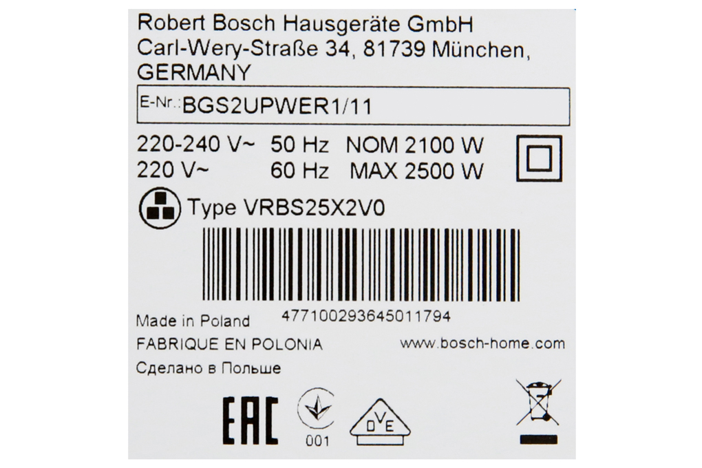 Máy Hút Bụi Bosch BGS2UPWER1 2500W, Bảo Hành 2 năm (Made in Poland)
