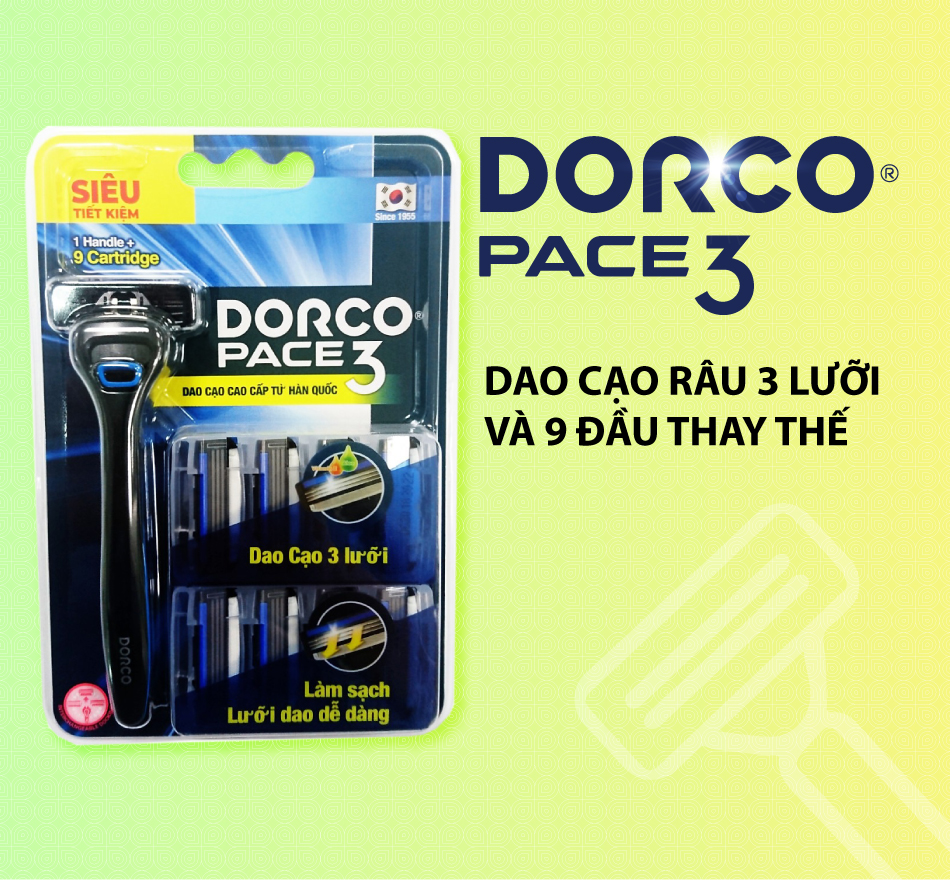 Dao cạo râu 3 lưỡi DORCO PACE 3 kèm 9 đầu thay thế