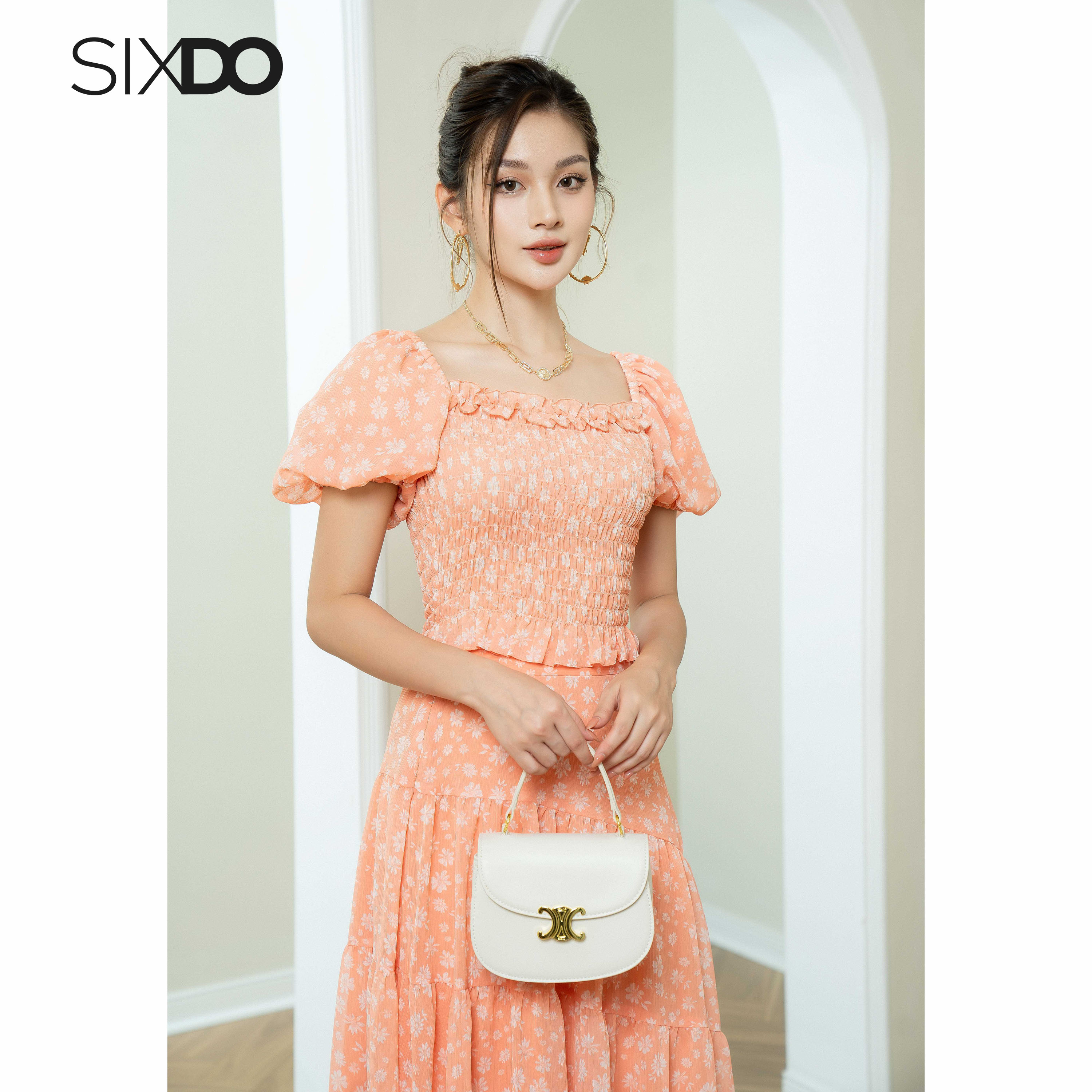Chân váy voan hoa cam SIXDO (Light Orange Floral Midi Voile Skirt)