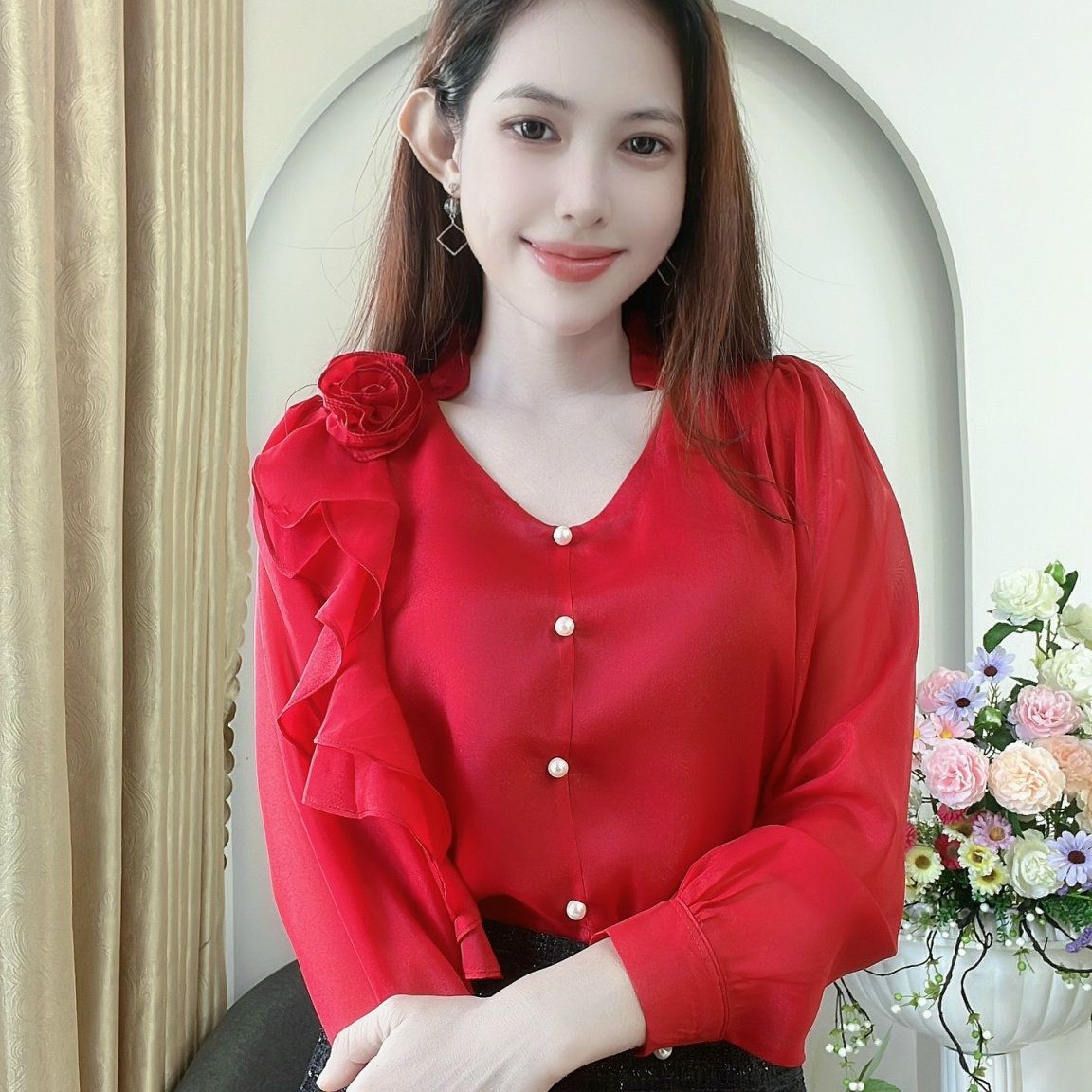 AN33- ÁO KIỂU CÔNG SỞ TAY DÀI BÈO HOA